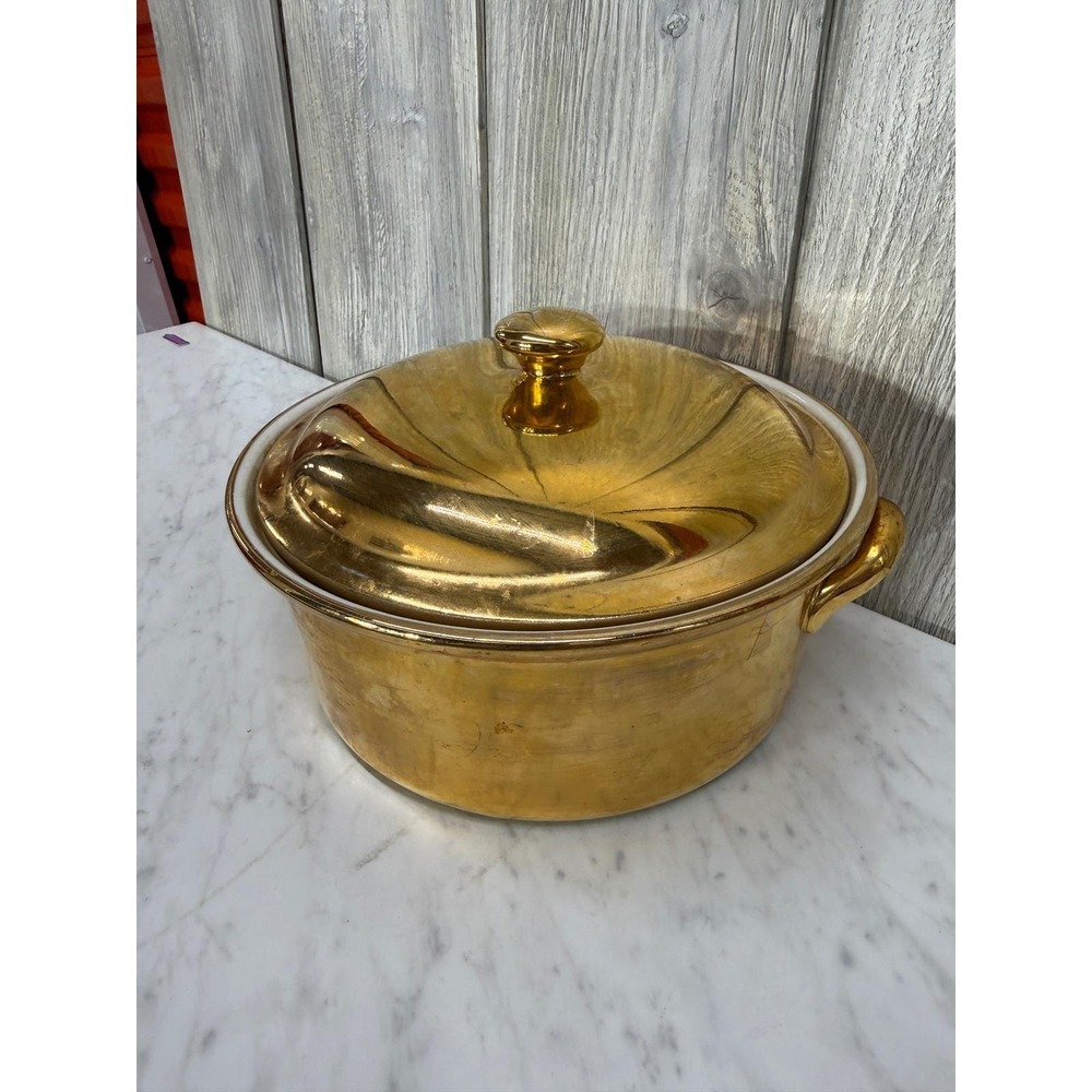 Hall China Golden Glo 22 Karat Gold Covered Casserole Dish Vintage Round‎ 8 Inch